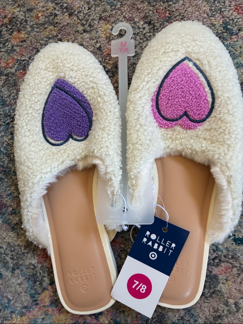 Roller Rabbit Cream Sherpa Slip-On Mules with Pink & Purple Heart Appliqués